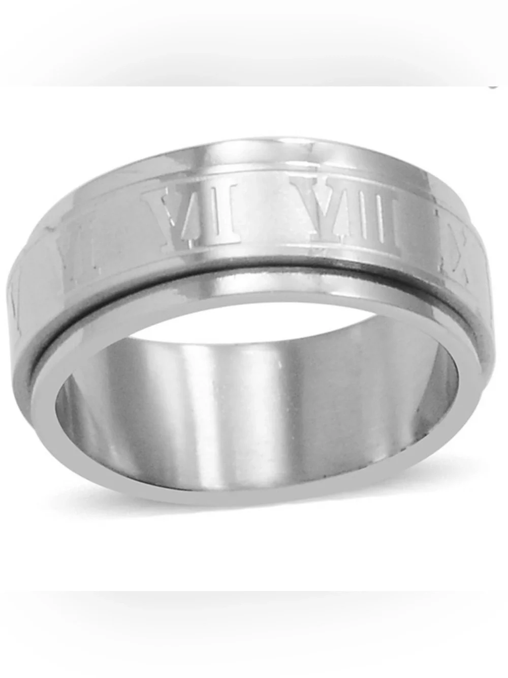 Stainless Steel Roman Numeral Spinner Ring Silver Tone Size 6